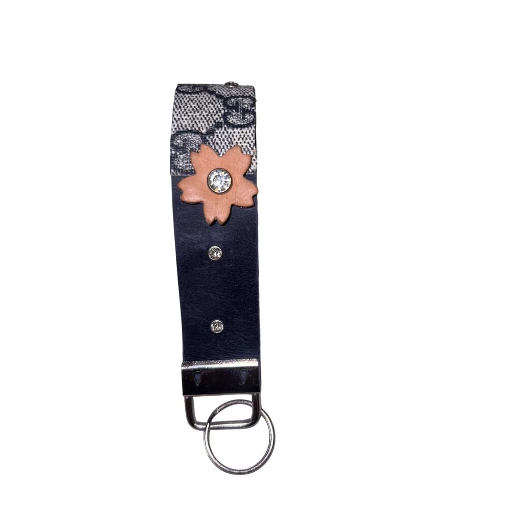 Handmade Repurposed Gucci Keychain  Leather Fabric Flower Key Ring
